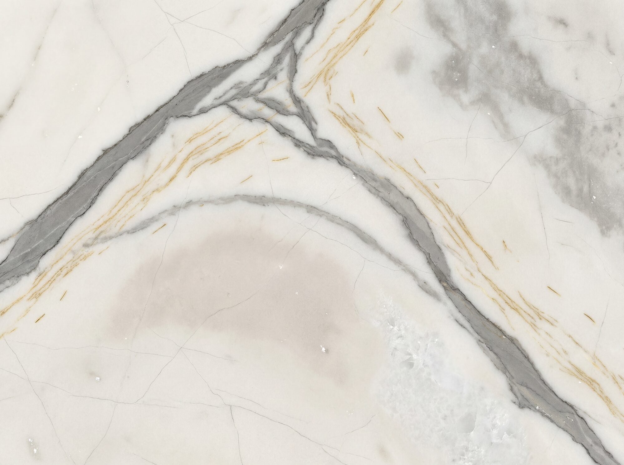Marble effect wallpaper mural showing a Calacatta Gold stone slab with bold diagonal grey veining, fine gold calcite threads, and crystalline tonal shifts across a warm Carrara white ground