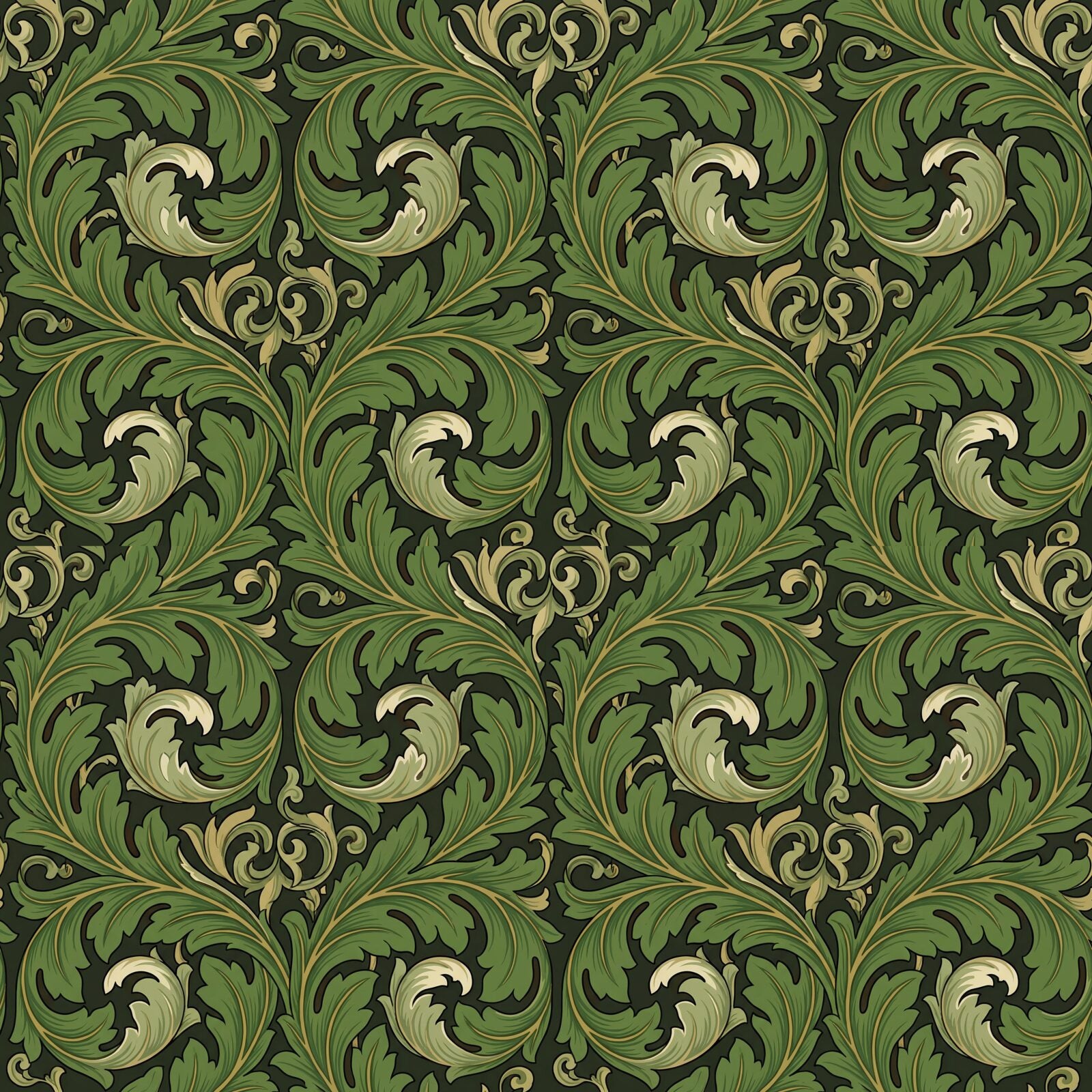 Experience the monumental grandeur of Acanthus Scroll mural wallpaper. Rich olive, deep greens, and warm gold. Made to order.