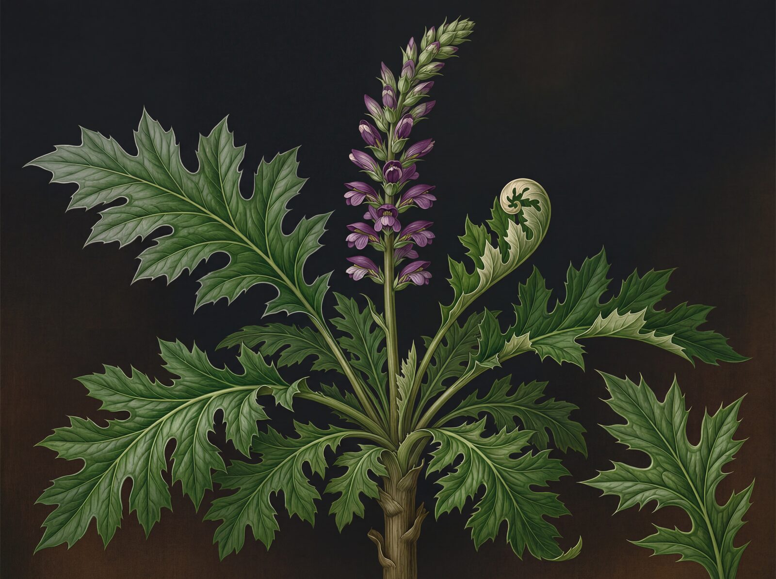 Immerse yourself in the grandeur of 'Acanthus Study'. A botanical portrait in deep emeralds, rich purples, and silvered greens. Made to order.