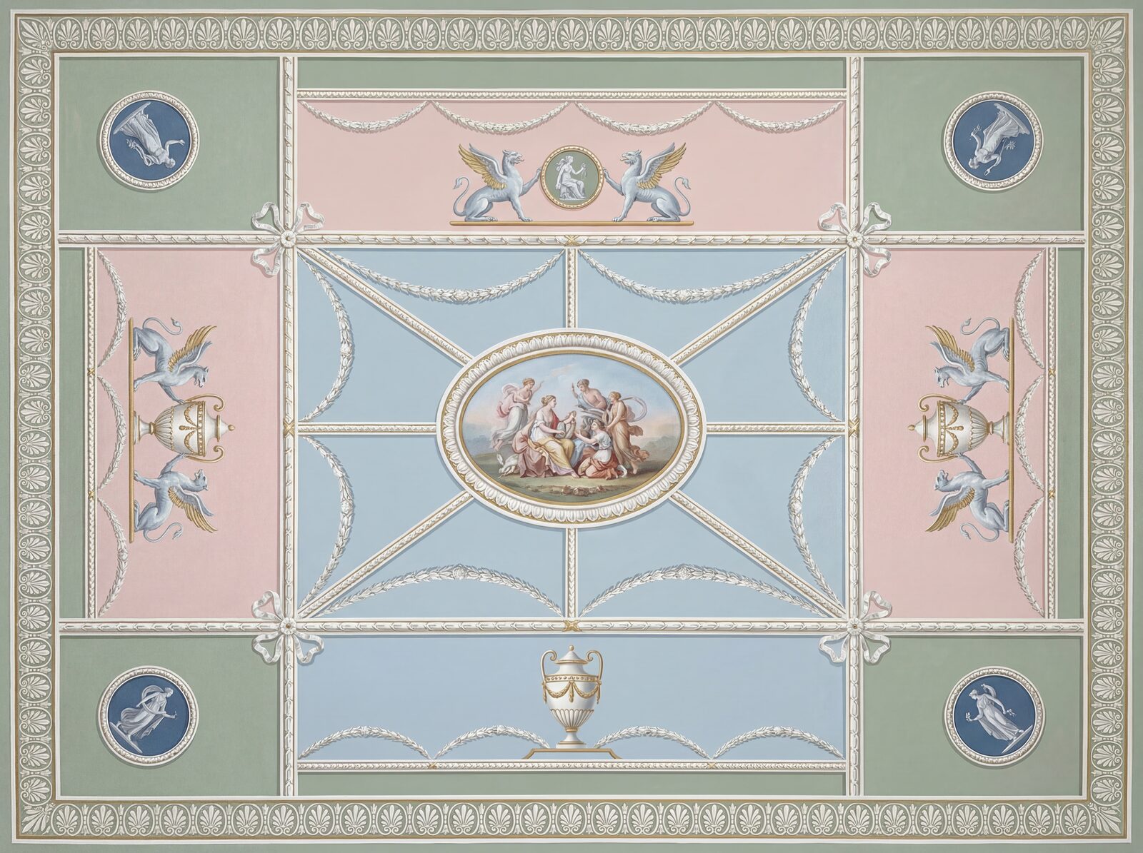 Step into the refined elegance of an 18th-century English ceiling, with delicate plasterwork, soft blues, pinks, and gilt accents. Made to order.