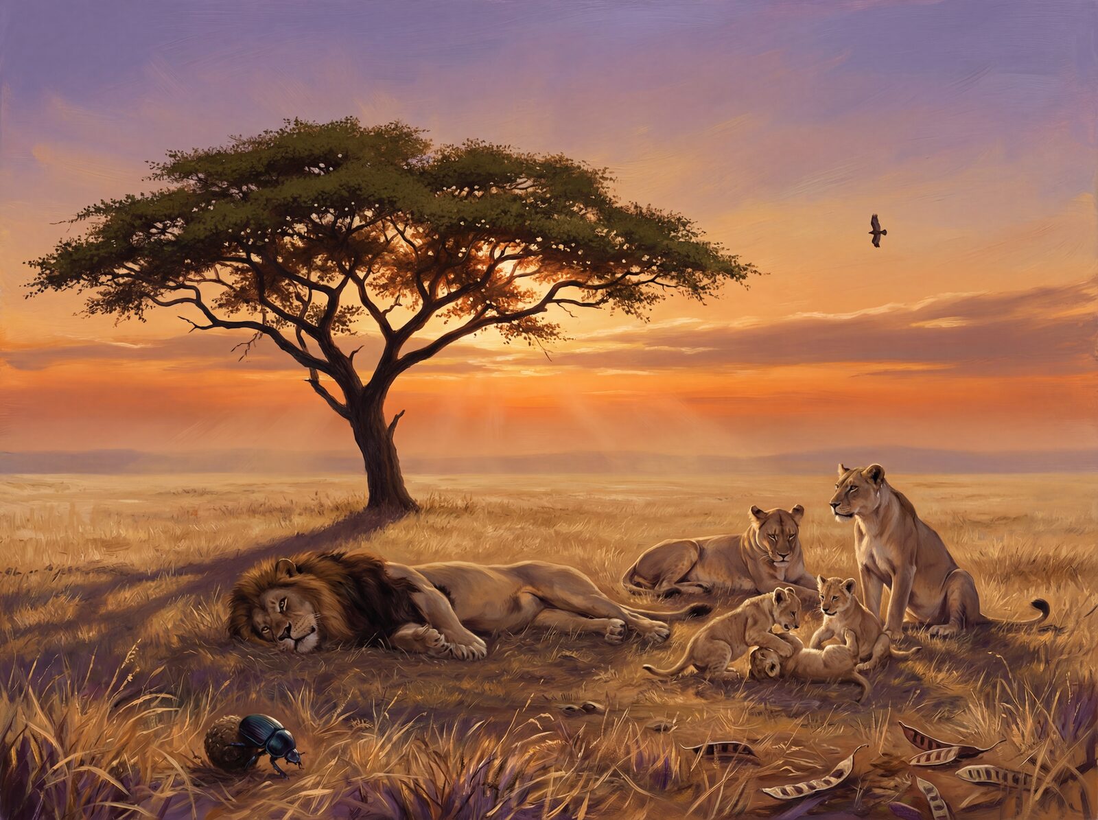 Immersive African savanna scene with warm golden hues, deep tawny-dark tones. Made to order.