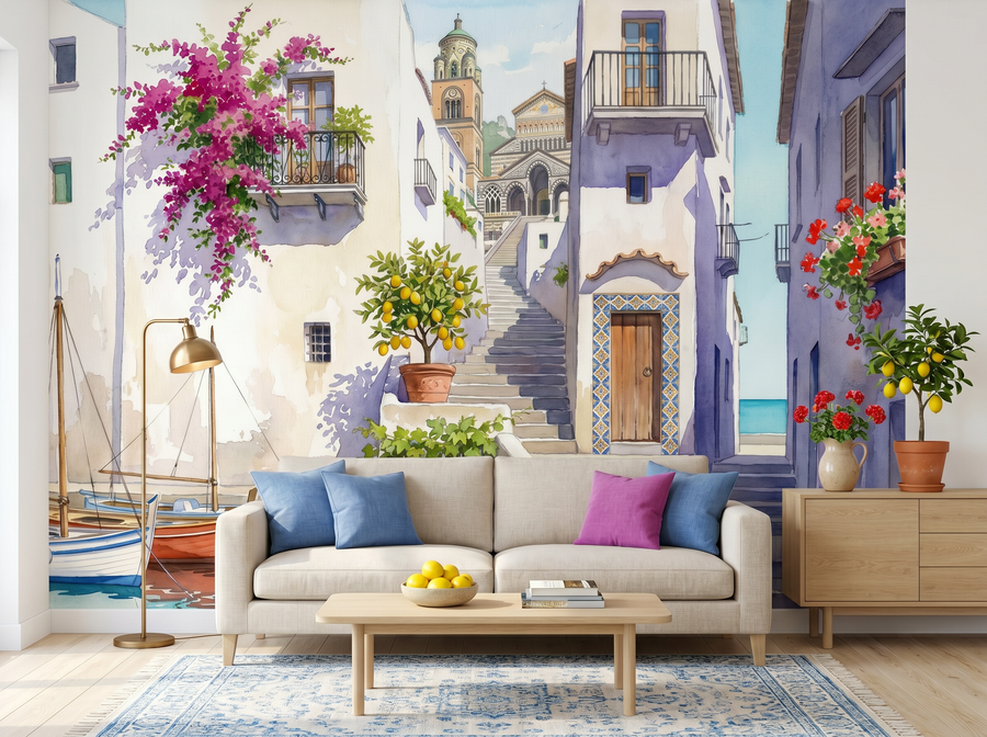 Amalfi Steps scenic wallpaper mural on the feature wall of a Mediterranean bathroom, in a soft grey palette — The Wall Shawl.