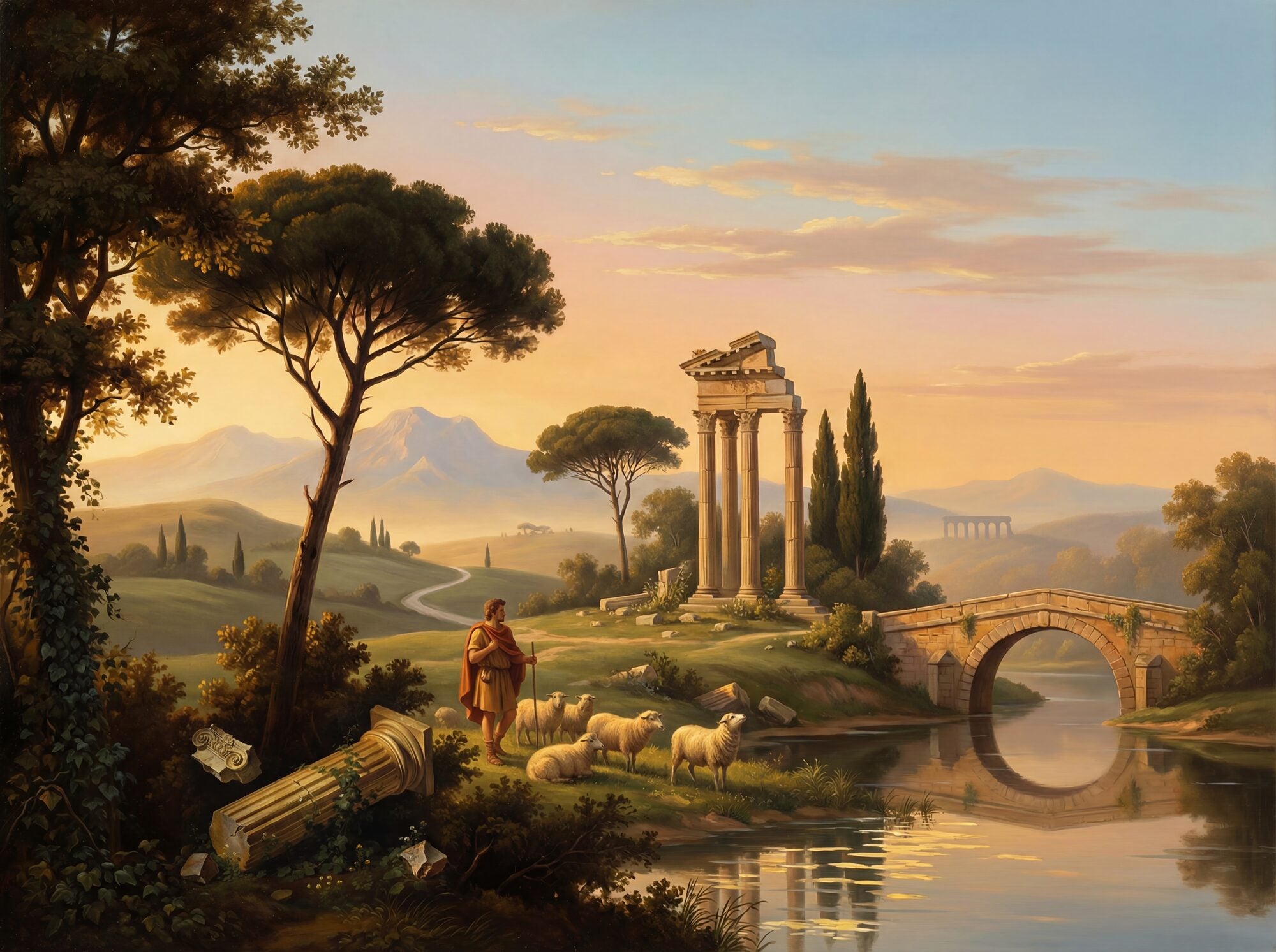 Arcadian landscape mural wallpaper in warm golden-hour tones: shepherd with flock in the foreground, ruined Roman temple and stone arch bridge in the middle ground, rolling hills and distant mountains at dusk