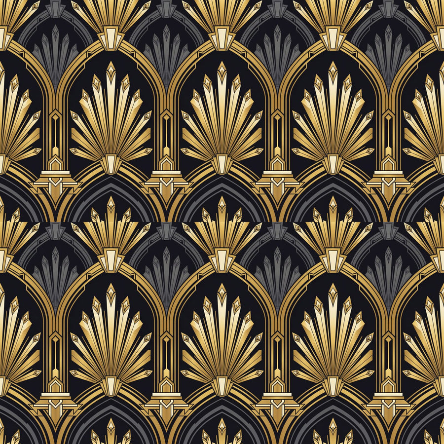 Step into the glamour of 1930s Miami with this Art Deco pattern in obsidian, gold, and pewter. Made to order.
