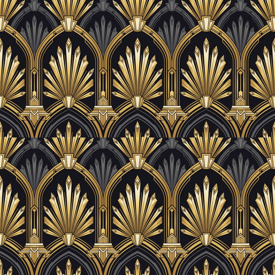 Step into the glamour of 1930s Miami with this Art Deco pattern in obsidian, gold, and pewter. Made to order.