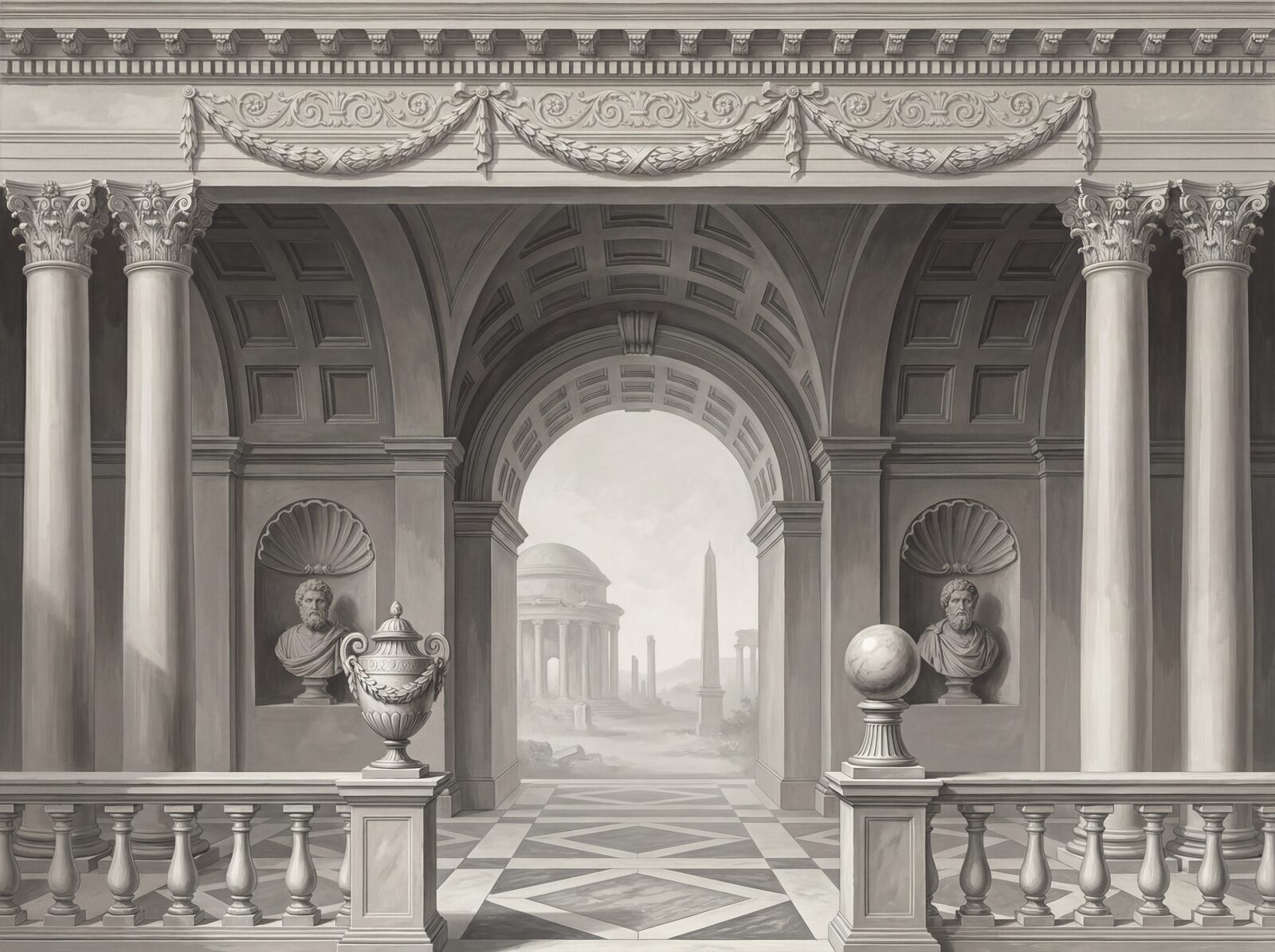 Trompe-l'oeil architectural fantasy in grey. Marble White, Column Light, Stone Grey. Made to order.