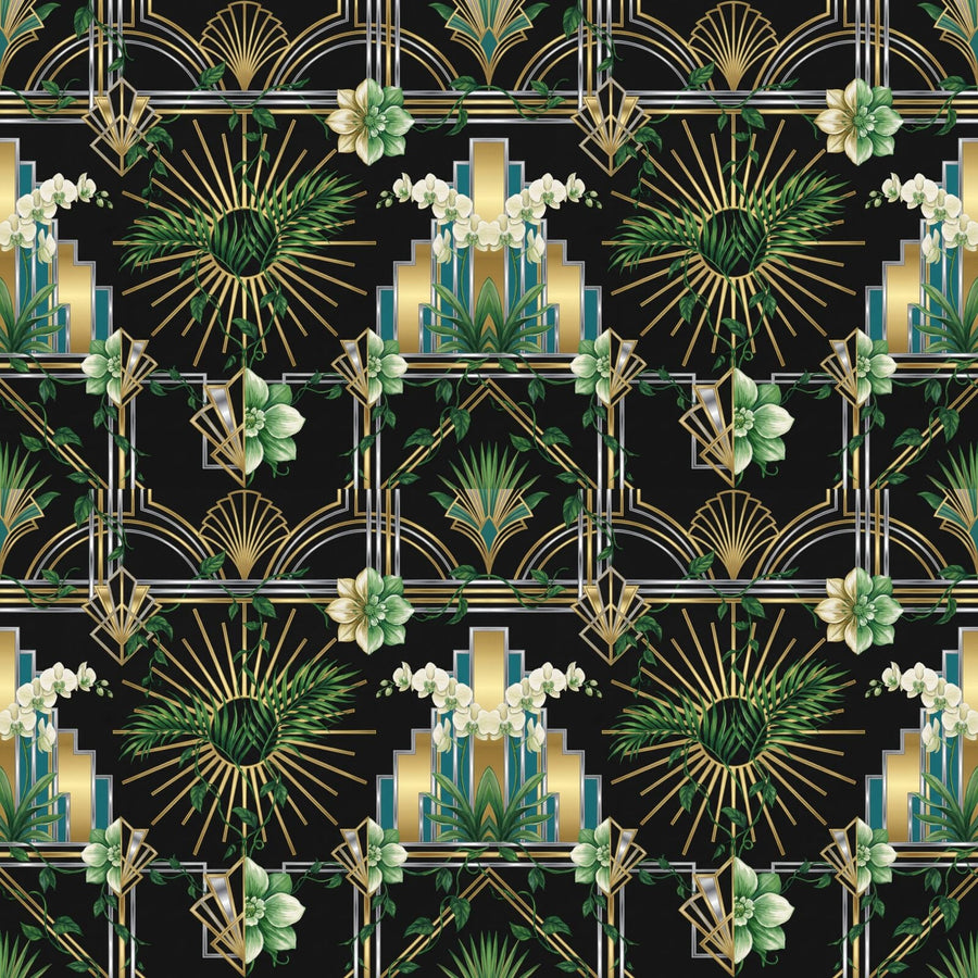 Experience glamorous growth with Art Deco Flora, a lush botanical and geometric mural in gold, black, and teal. Made to order.