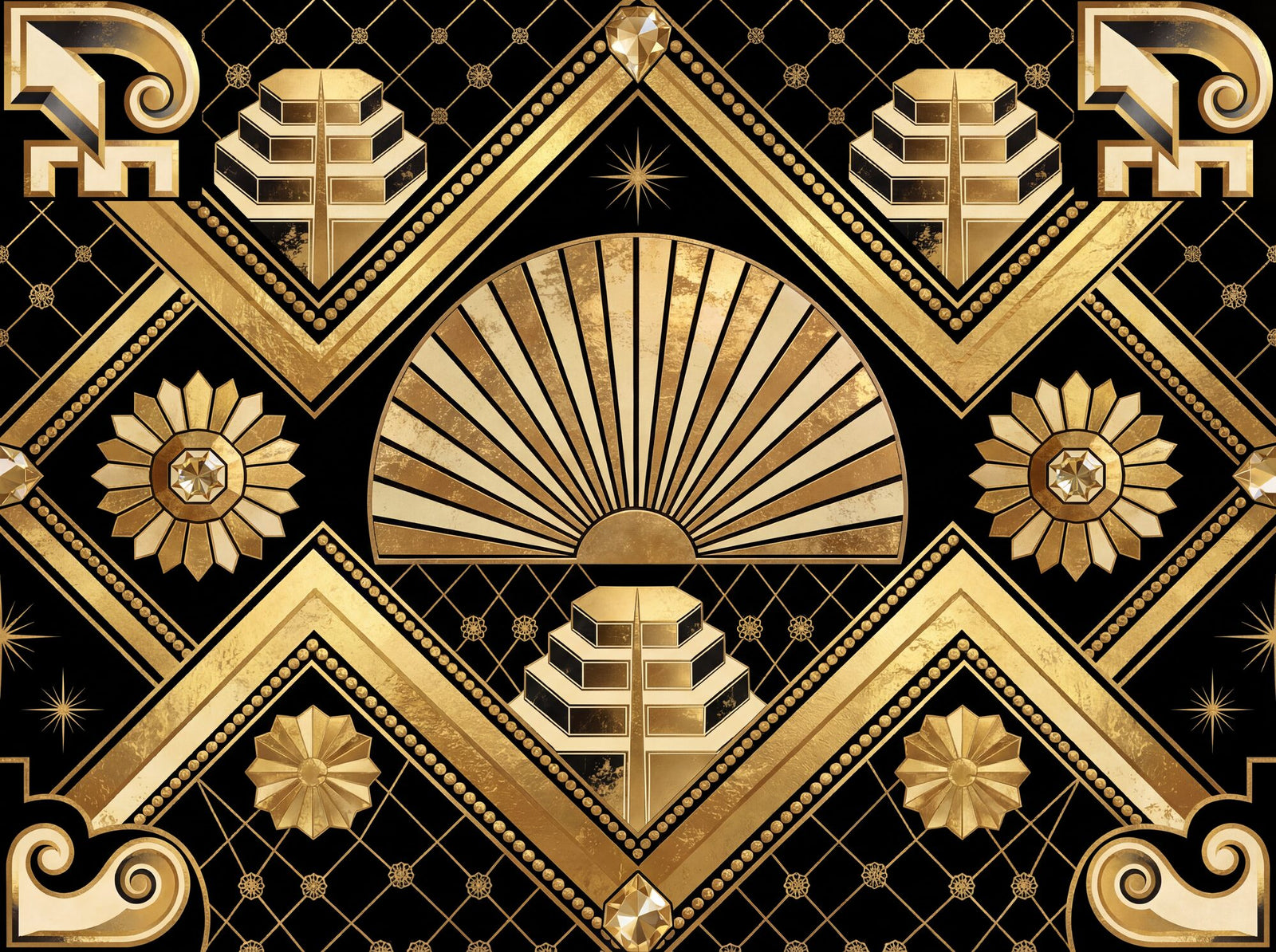 Art Deco geometric mural wallpaper with gold leaf sunburst fan, stepped pyramids, chevron frames, diamond lattice, geometric sunflowers and faceted jewel forms on a deep obsidian ground