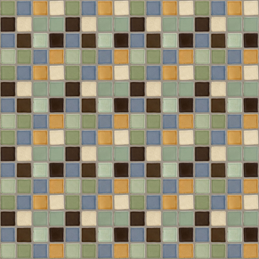 Immerse yourself in the quiet beauty of an Arts & Crafts geometric tile mural. Sage green, dusty blue, amber, cream. Made to order.