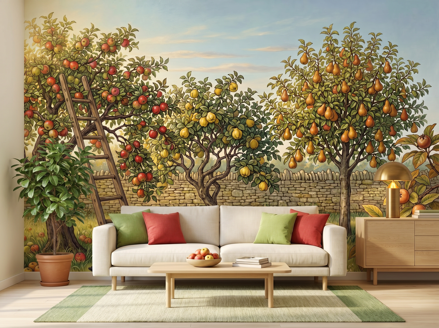 Arts & Crafts Orchard scenic wallpaper mural on the feature wall of an English-country kitchen, in a golden yellow-and-ochre palette — The Wall Shawl.