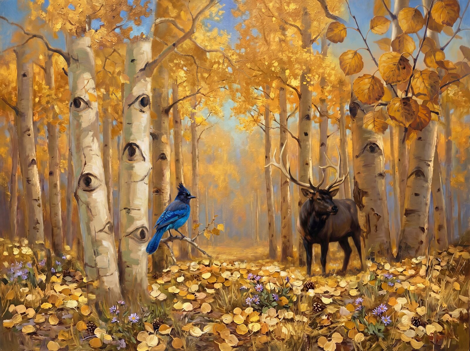 Vibrant scenic mural with Aspen Gold, Mountain Blue, and Jay Blue hues. Made to order.