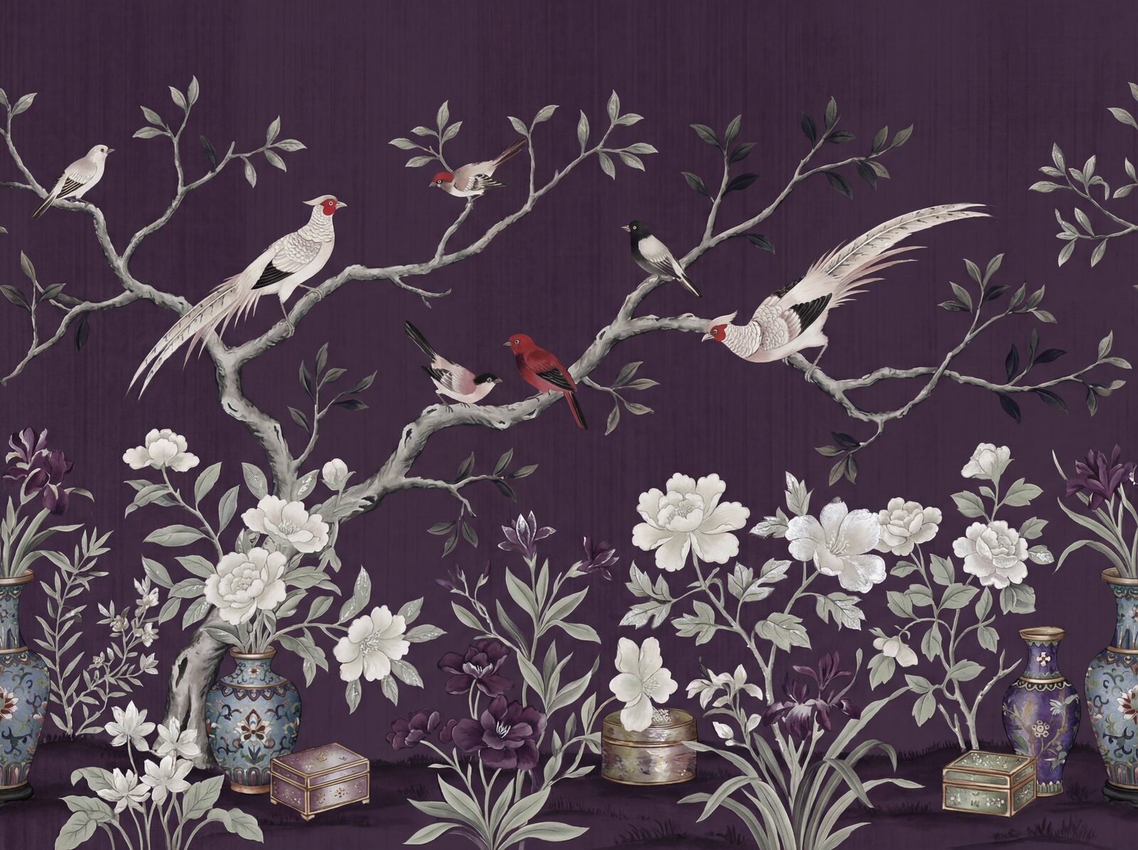 Nocturnal garden scene with aubergine, silver, and crimson palette. Made to order.