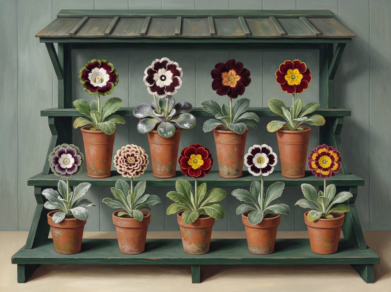 Step into a jewel-like auricula theatre. Featuring deep plum, theatre green, and gold alpine hues. Made to order.