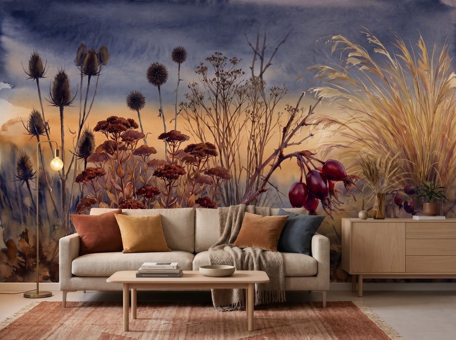 Autumn Dusk Garden scenic wallpaper mural on the feature wall of an English-country living room, in a moody black-and-charcoal palette — The Wall Shawl.