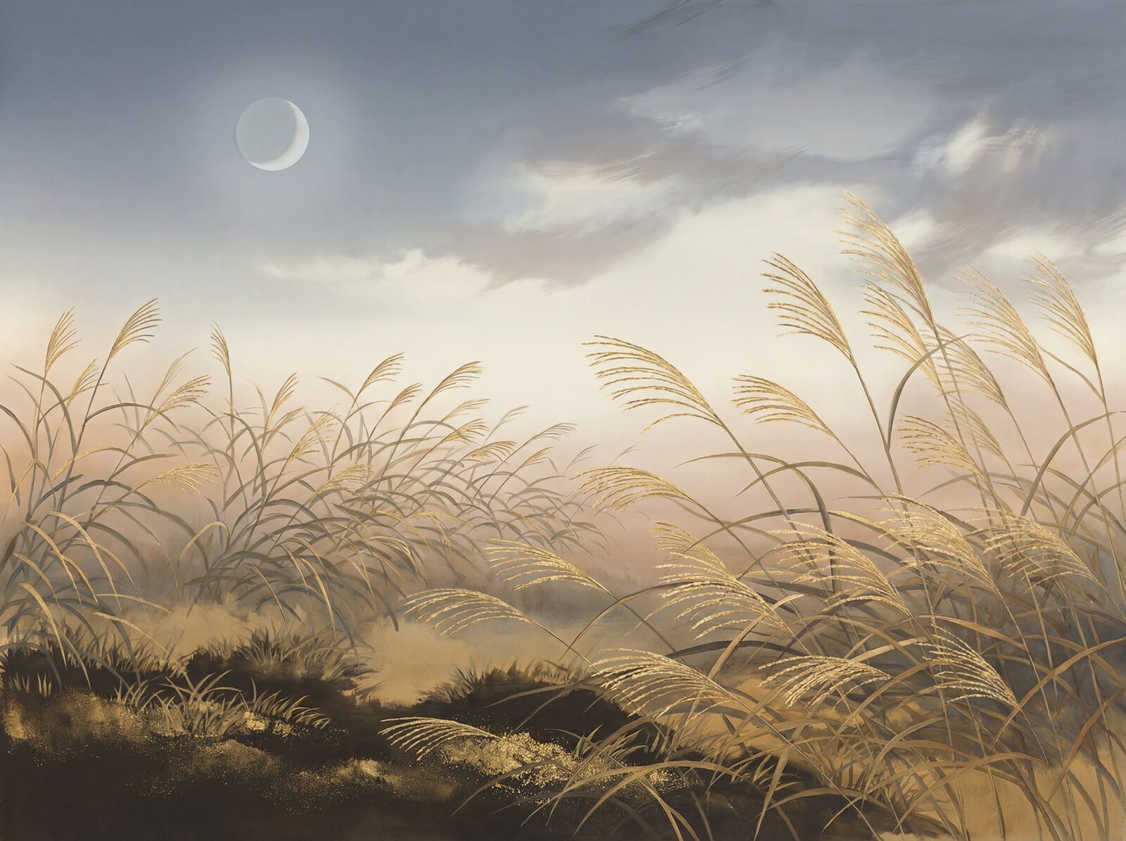 Scenic mural wallpaper in Autumn Earth, Susuki Gold, and Dusk Sky hues. Made to order.