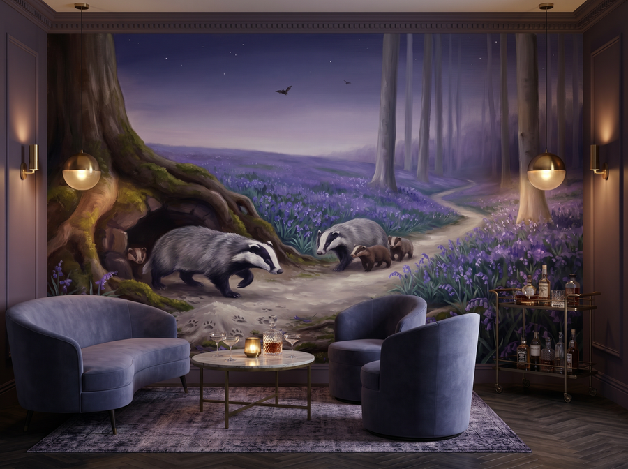 Badger's Path scenic wallpaper mural on the feature wall of an English-country study, in a moody black-and-charcoal palette — The Wall Shawl.