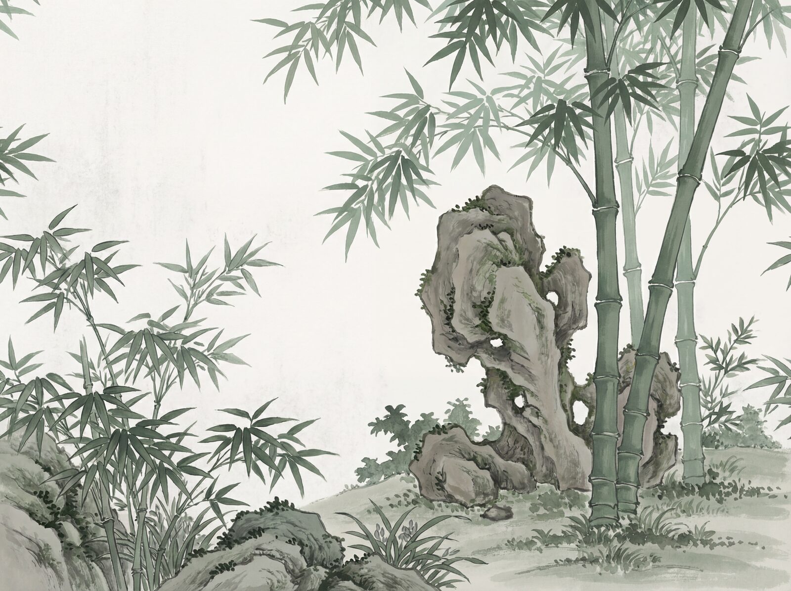 Chinoiserie scenic mural with Ink Bamboo, Mist Jade, and Scholar Stone hues. Made to order.