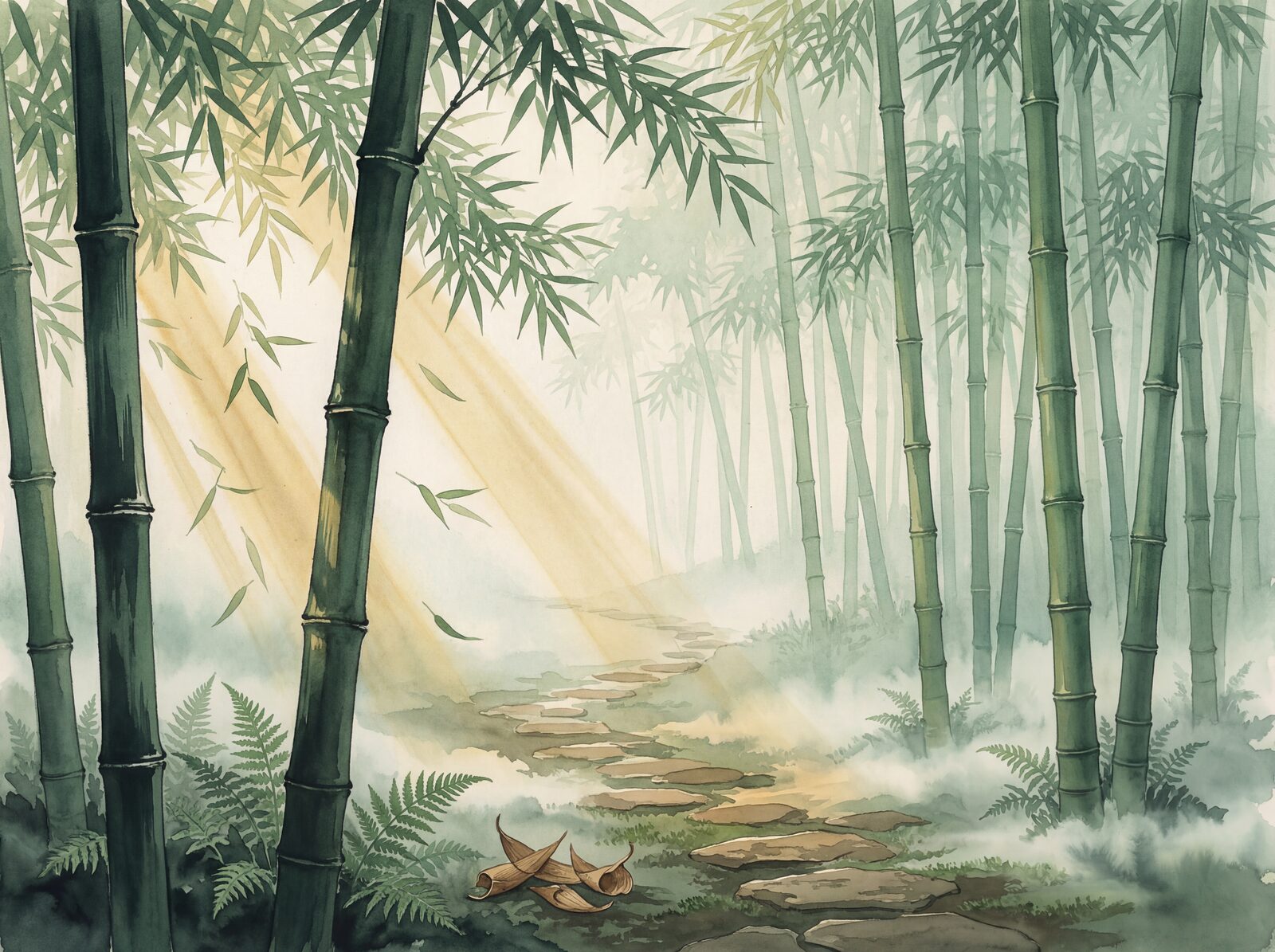 Scenic mural wallpaper featuring a serene bamboo forest in shades of green, gold, and mist. Made to order.