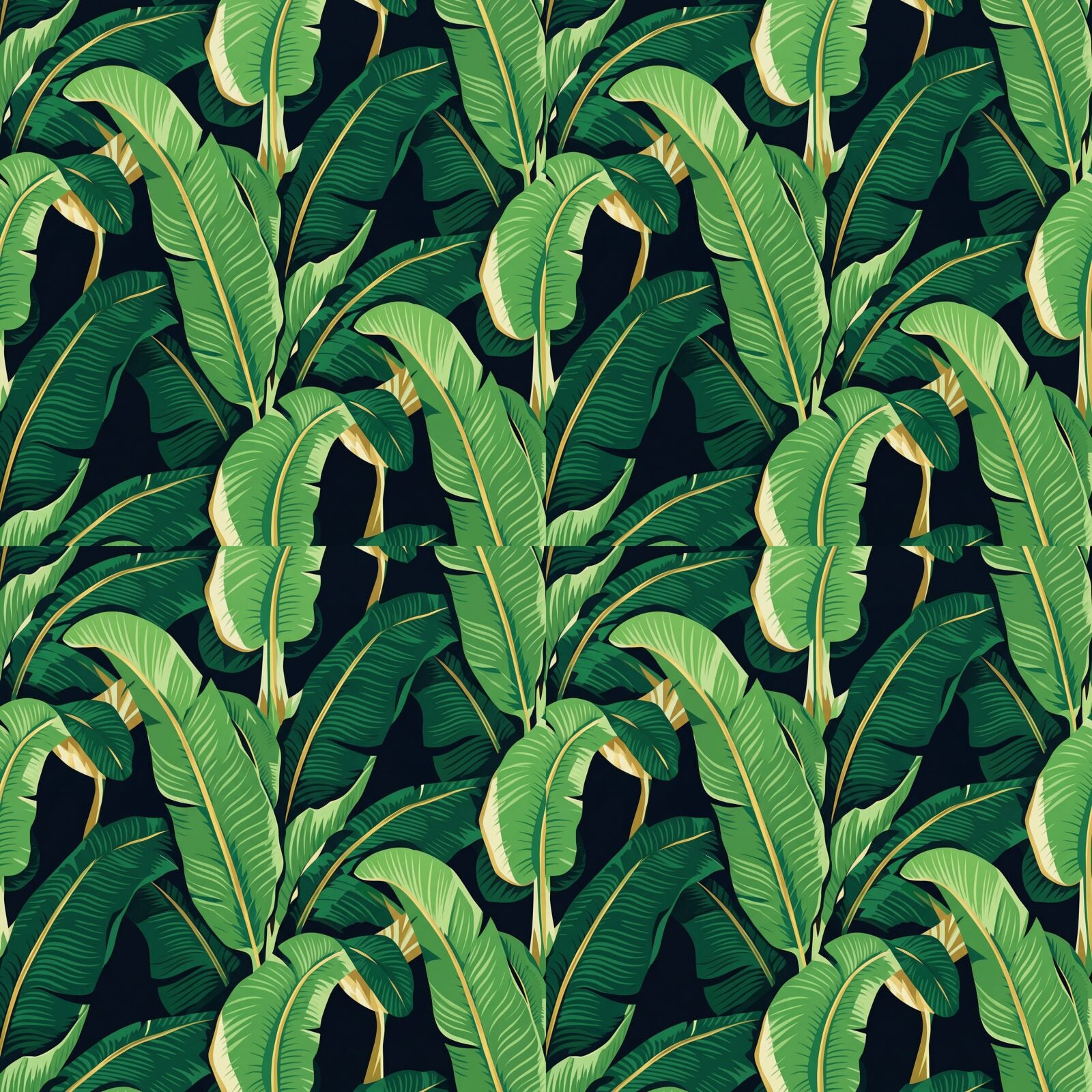 Heritage pattern wallpaper in Jungle Night, Banana Green, and Gold. Made to order.