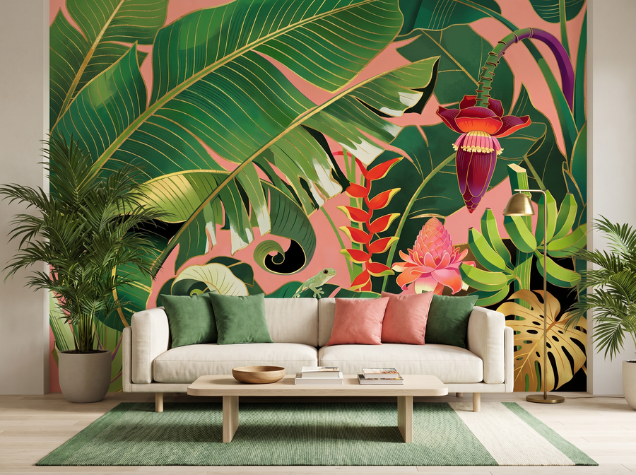 Banana Leaf scenic wallpaper mural on the feature wall of a tropical living room, in a verdant green palette — The Wall Shawl.