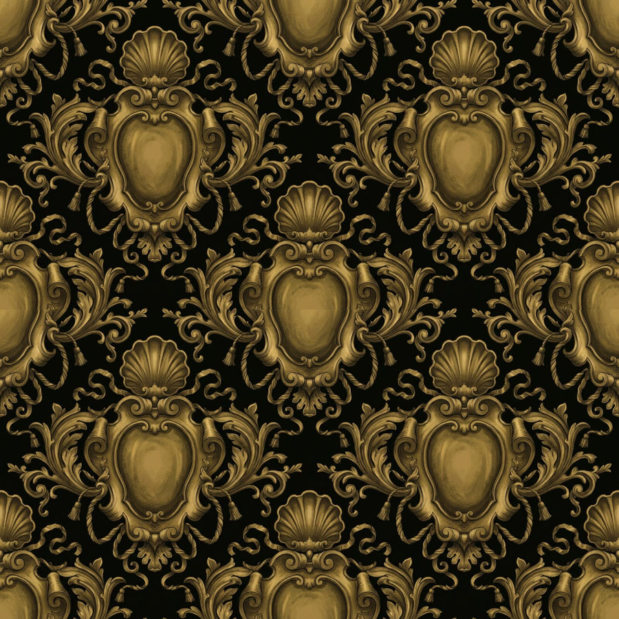 Immerse yourself in opulent dark gold Baroque scrollwork on a near-black ground. A dramatic statement for grand interiors. Made to order.