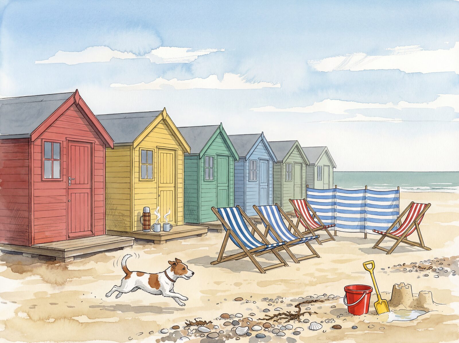 Vibrant beach scene with blue, yellow, pink, and green huts on a sandy beach. Made to order.