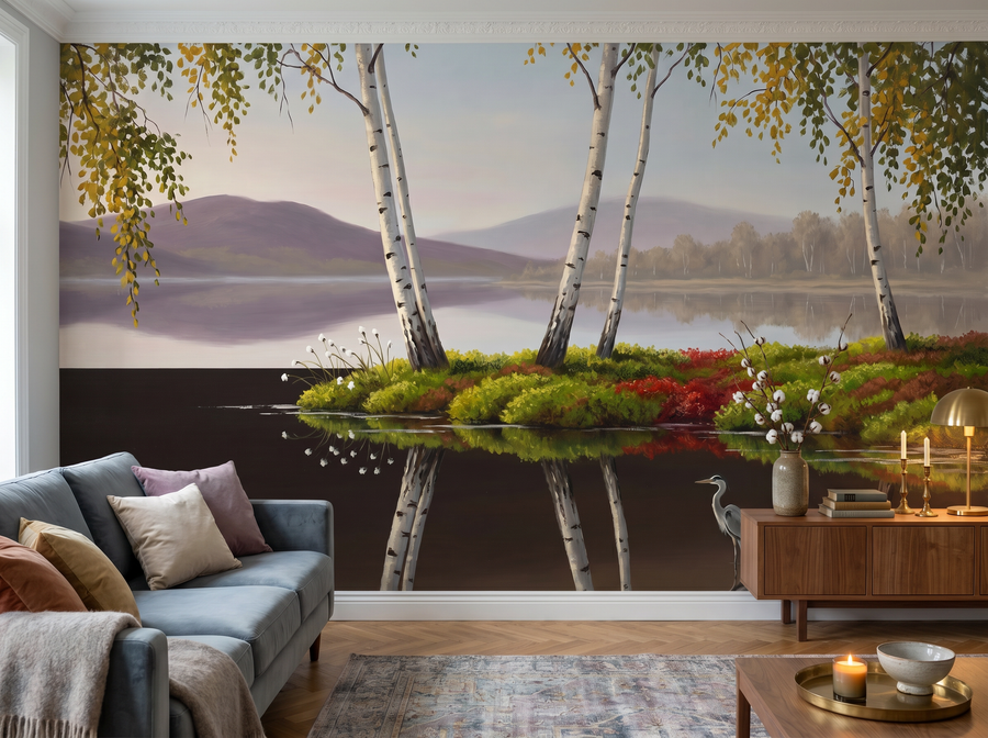 Birch at Lake scenic wallpaper mural on the feature wall of a biophilic living room, in a golden yellow-and-ochre palette — The Wall Shawl.