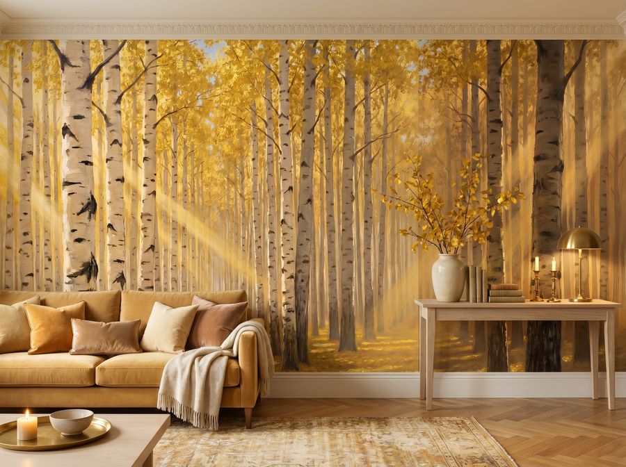Birch Forest Panoramic scenic wallpaper mural on the feature wall of a biophilic entrance hall, in a golden yellow-and-ochre palette — The Wall Shawl.