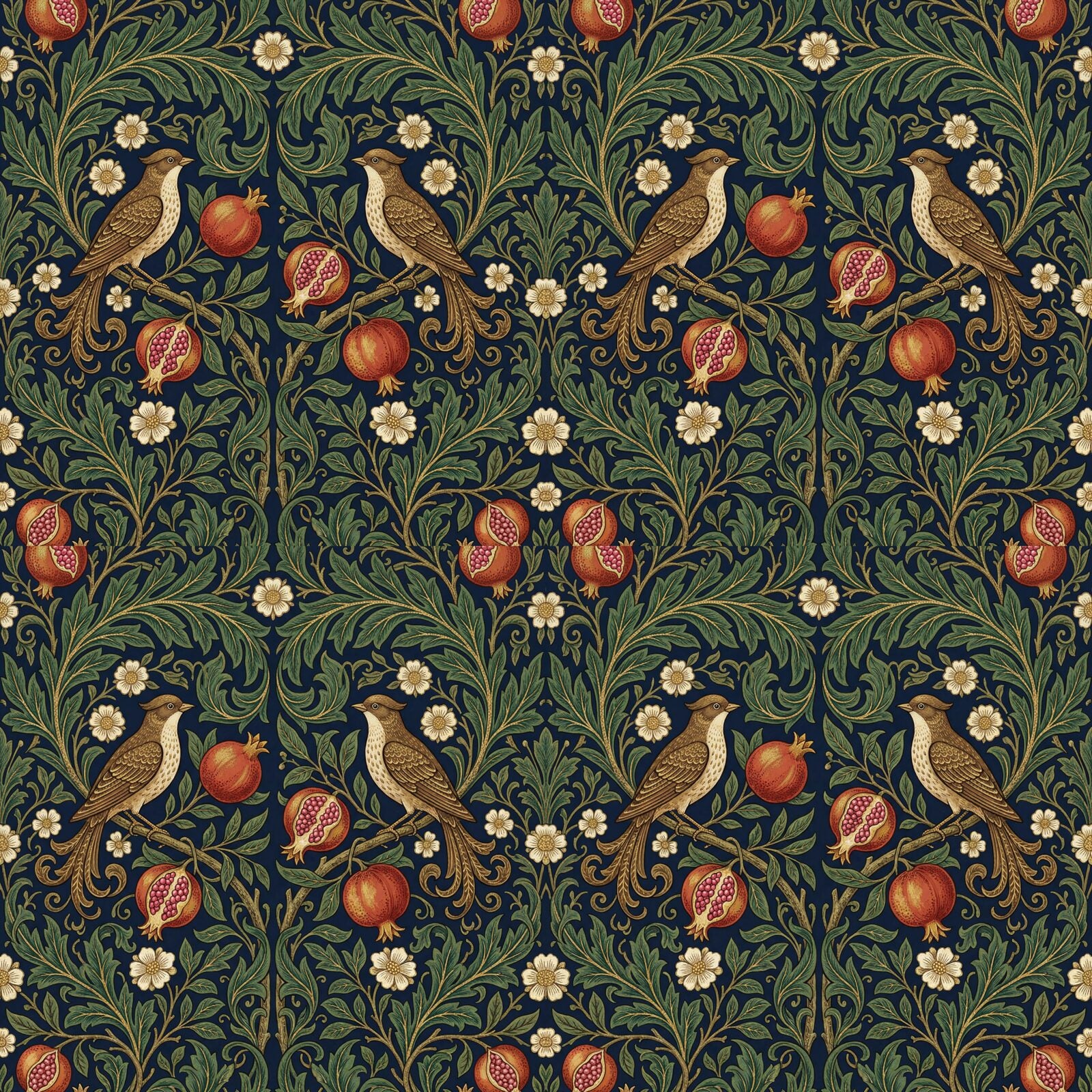 Immerse yourself in the heraldic abundance of this deep blue Bird and Pomegranate mural wallpaper. Rich reds, greens & golds. Made to order.