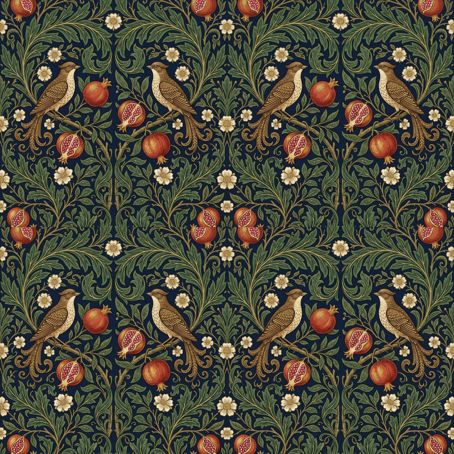 Immerse yourself in the heraldic abundance of this deep blue Bird and Pomegranate mural wallpaper. Rich reds, greens & golds. Made to order.
