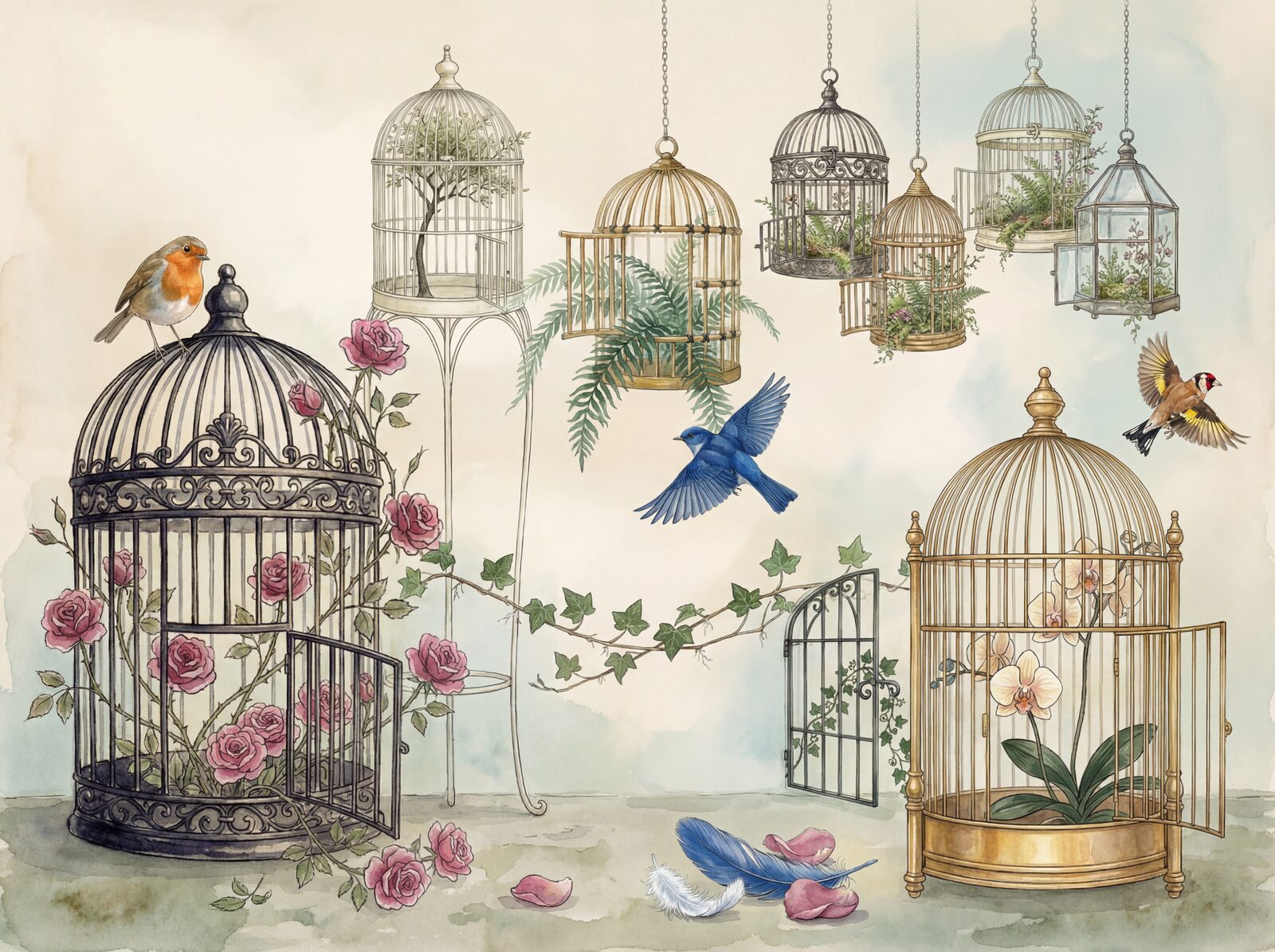 Victorian conservatory scene with bird cages, roses, and ferns. Palette: Iron Black, Brass Cage, Rose Pink. Made to order.