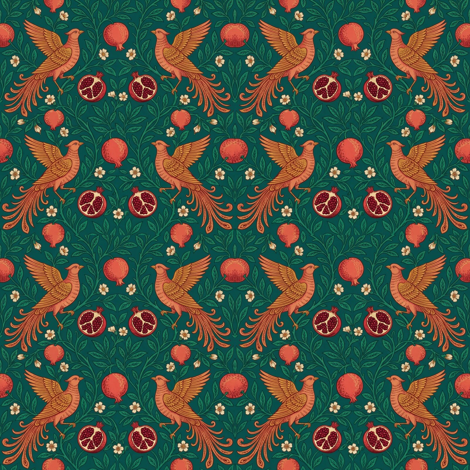 Exotic birds and pomegranates on a deep teal ground with coral, crimson, and emerald. Made to order.