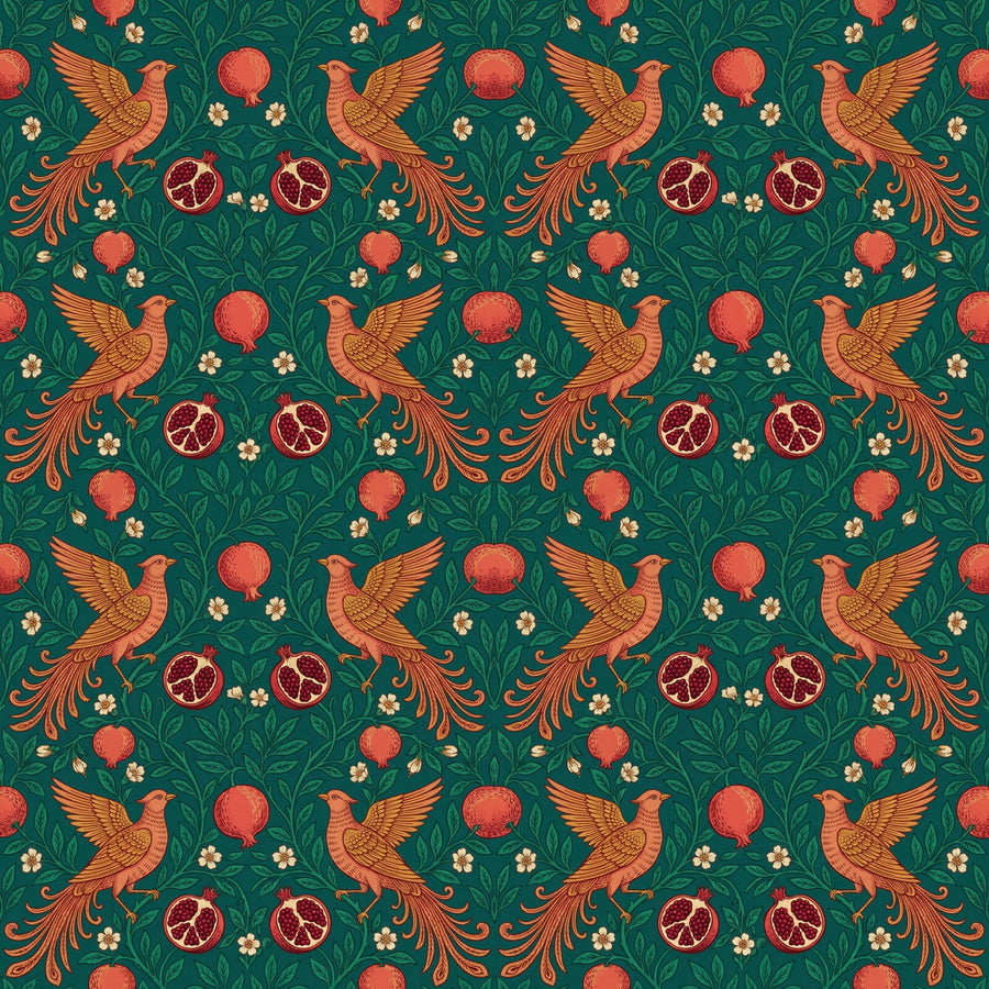 Exotic birds and pomegranates on a deep teal ground with coral, crimson, and emerald. Made to order.