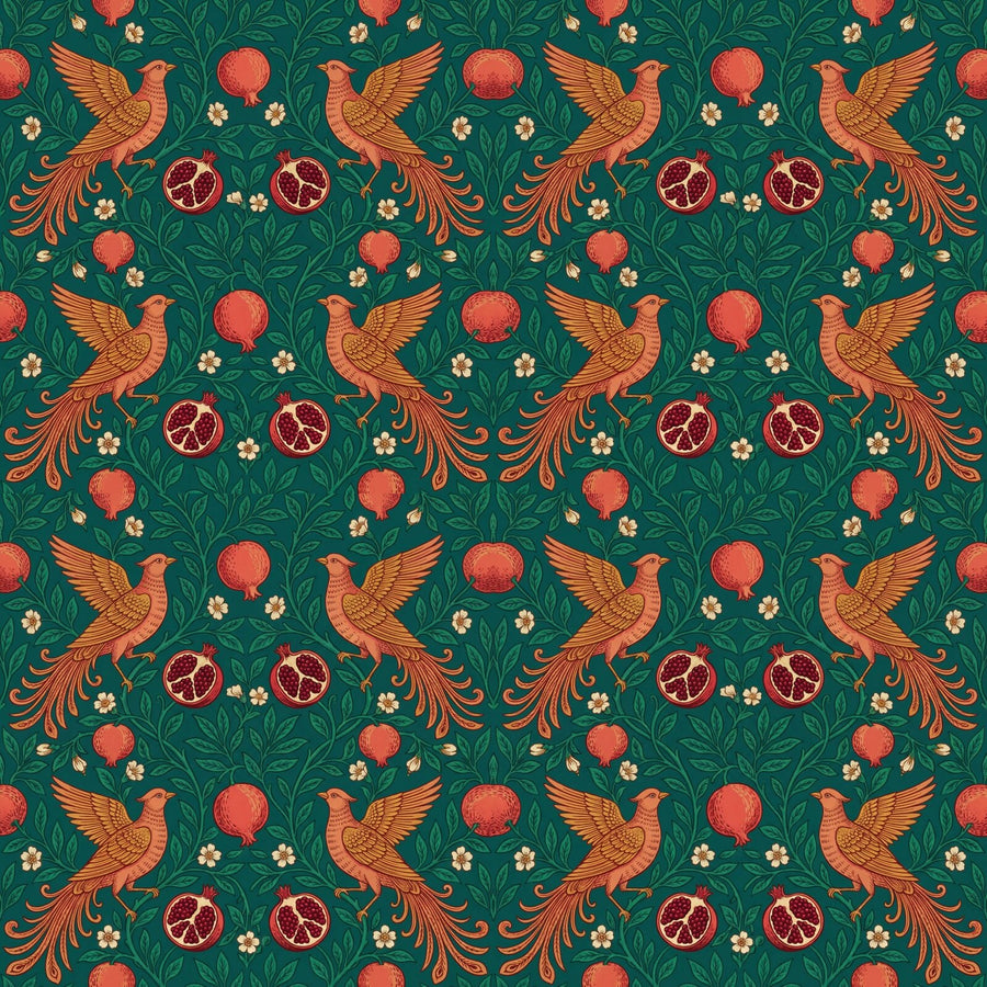 Exotic birds and pomegranates on a deep teal ground with coral, crimson, and emerald. Made to order.