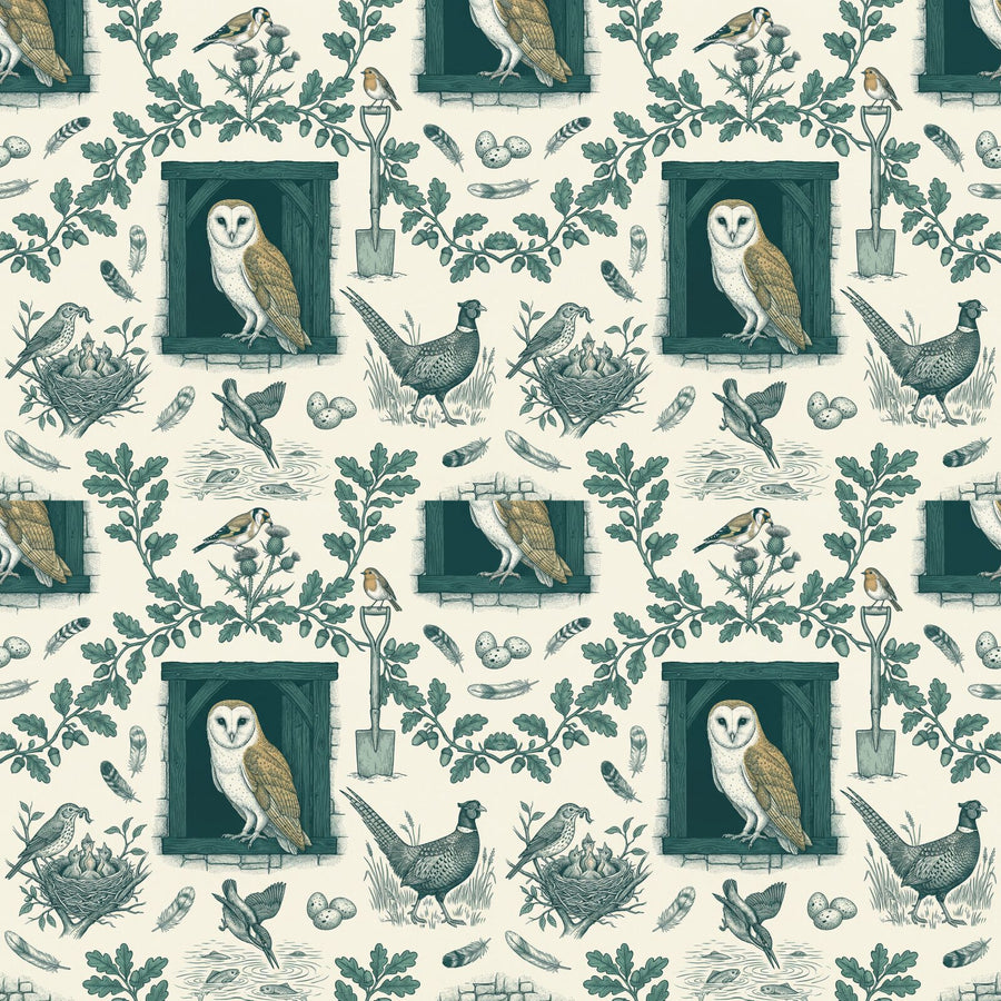 Observe nature's beauty in this tranquil toile mural. Featuring birds in their habitats in a teal-green colourway. Made to order.