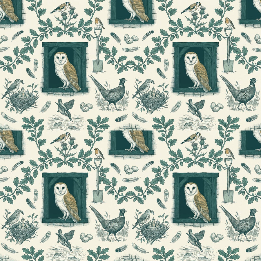 Observe nature's beauty in this tranquil toile mural. Featuring birds in their habitats in a teal-green colourway. Made to order.