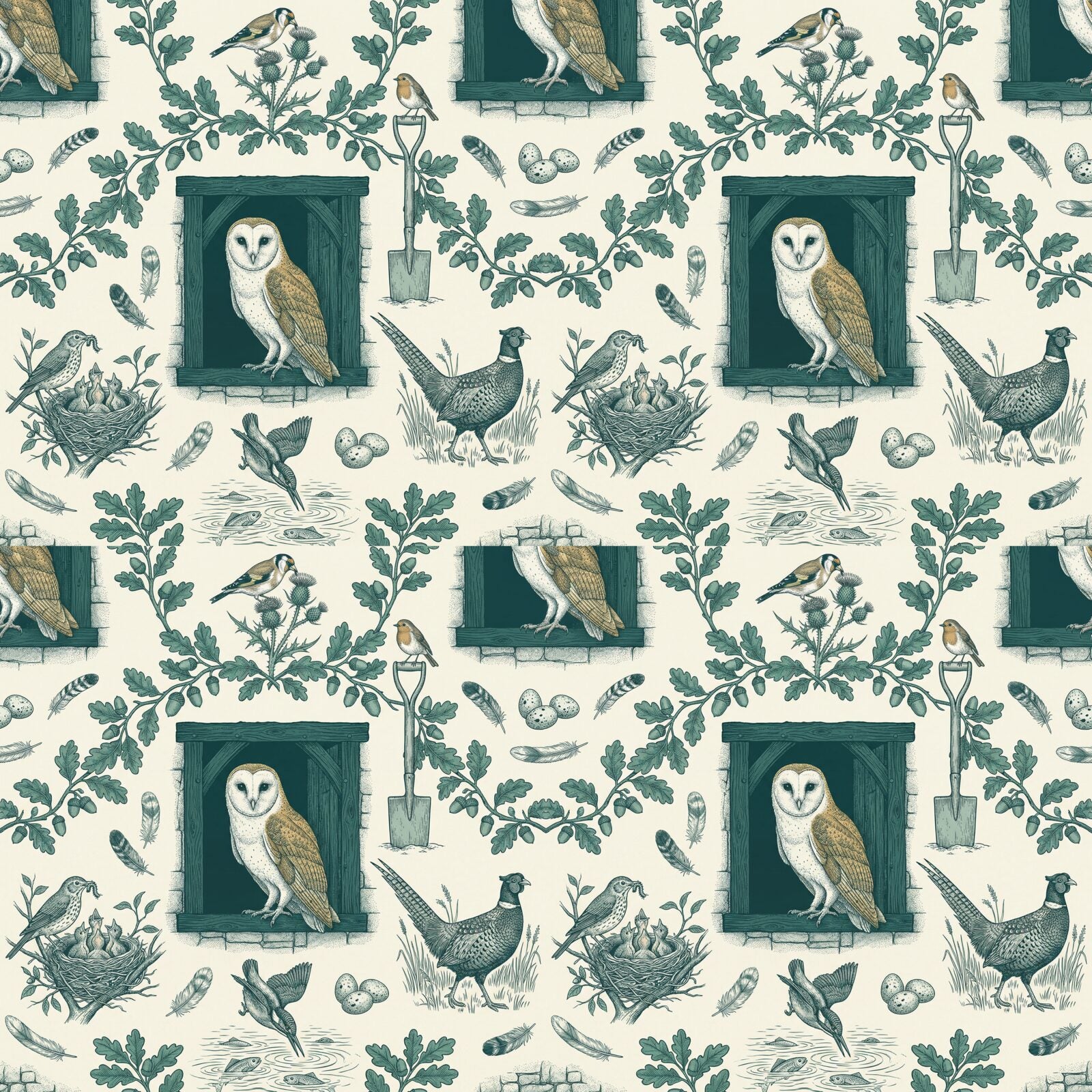 Observe nature's beauty in this tranquil toile mural. Featuring birds in their habitats in a teal-green colourway. Made to order.