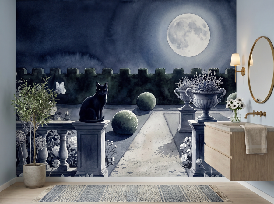 Black Cat Garden scenic wallpaper mural on the feature wall of an English-country dining room, in a moody black-and-charcoal palette — The Wall Shawl.