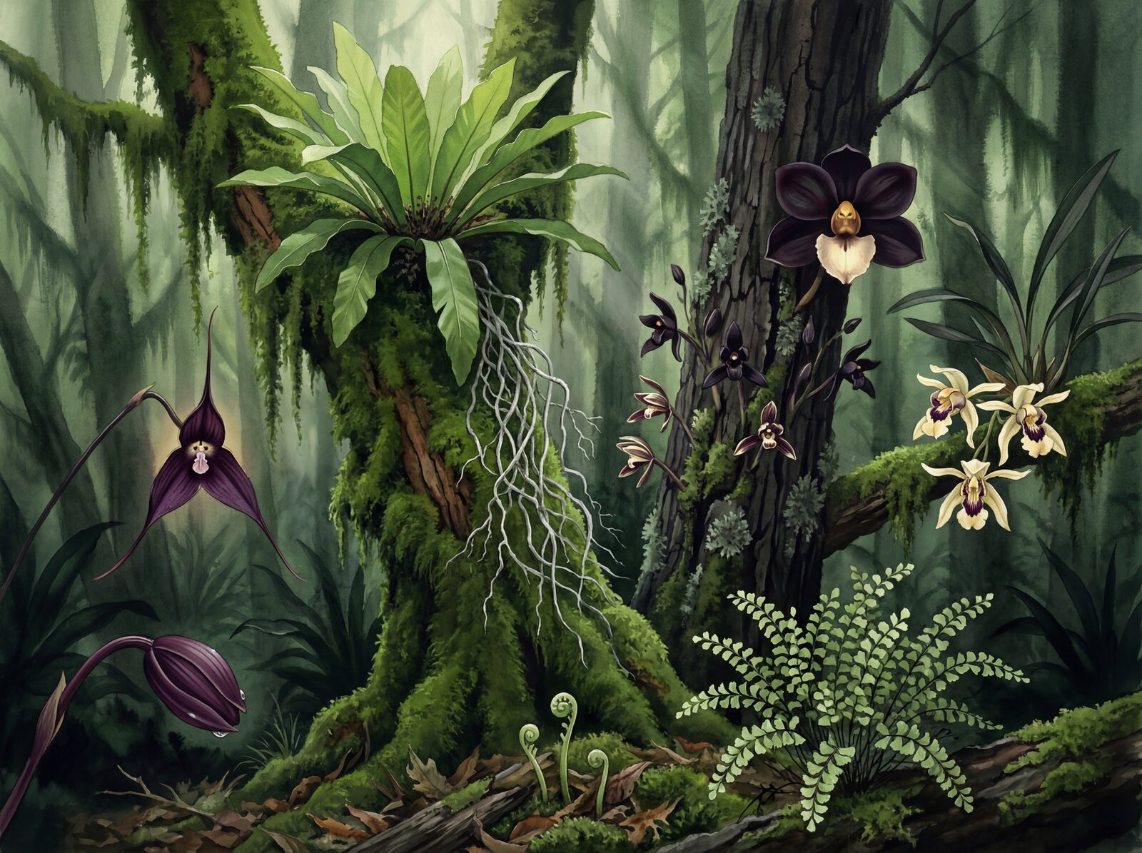 Tropical forest mural with dark orchids, moss, and bark in Forest Floor, Orchid Black, and Moss Bright hues. Made to order.
