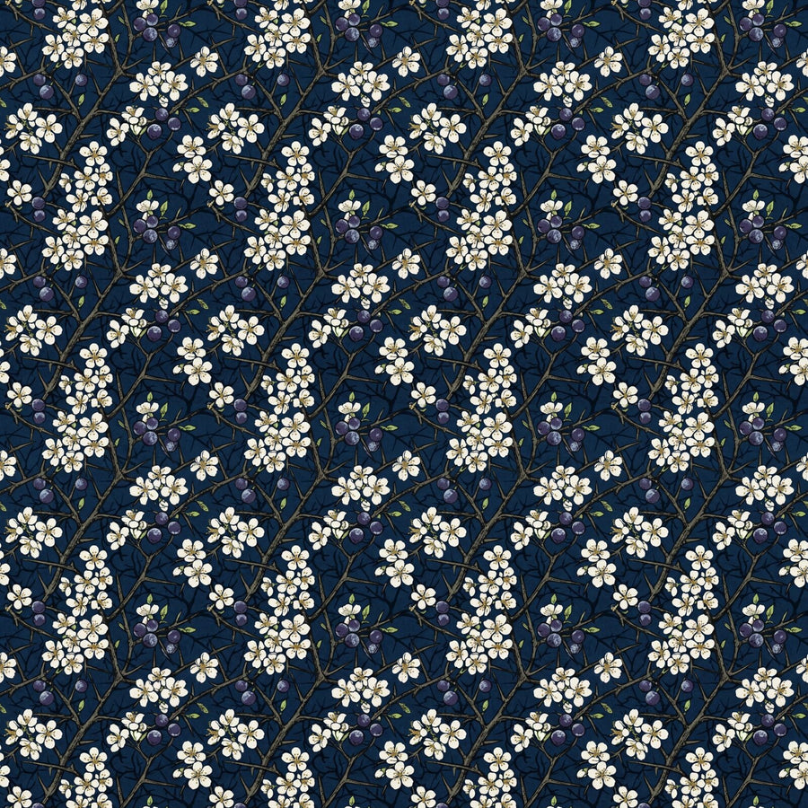 Reimagined Morris & Co. Blackthorn pattern on a deep indigo ground with white blossoms and dark berries. Made to order.