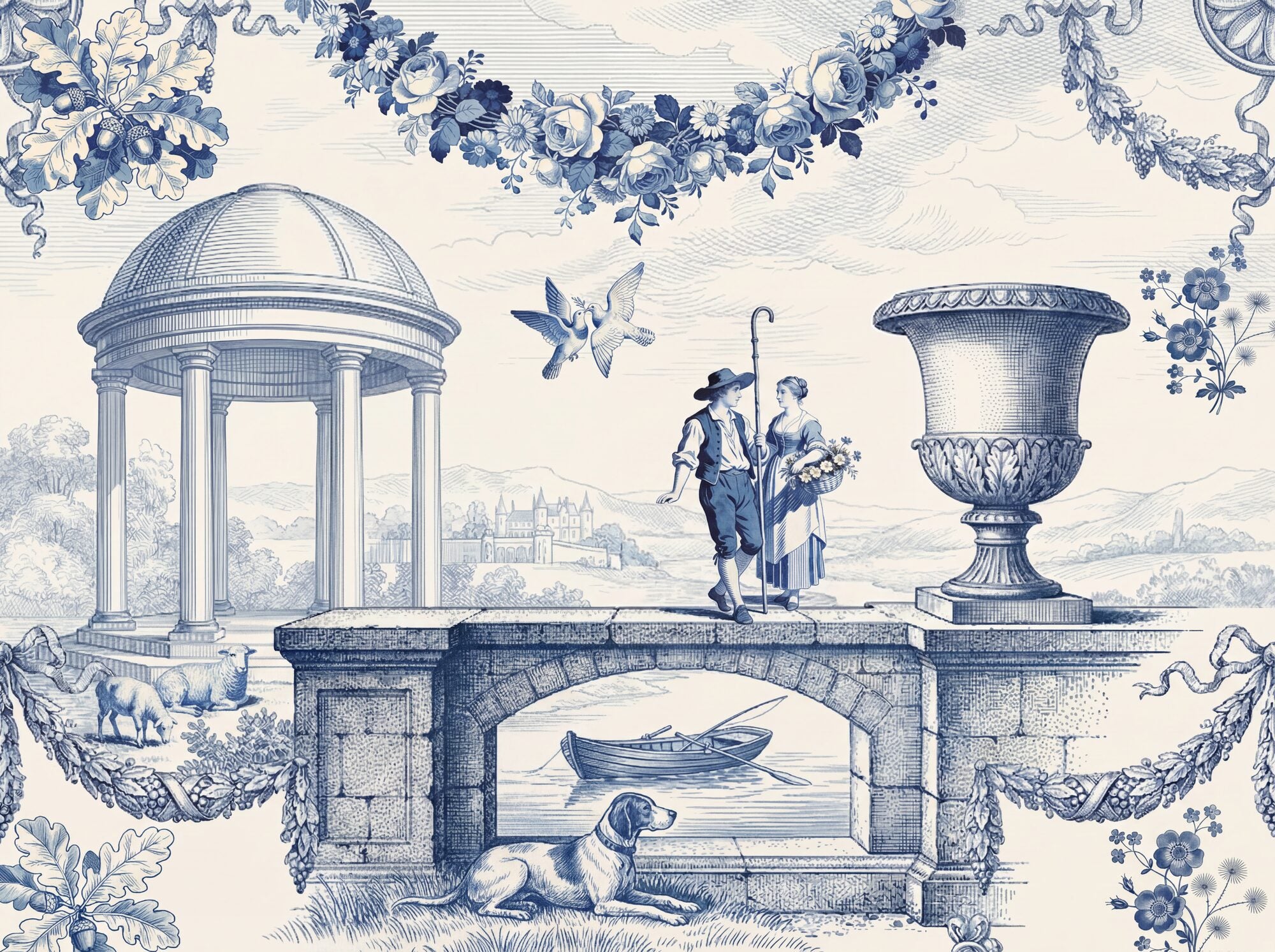 Blue cobalt toile de Jouy mural with shepherd and shepherdess at a stone bridge, a French chateau in the middle distance, garland swags, a hunting dog, and a classical urn on warm cream ground