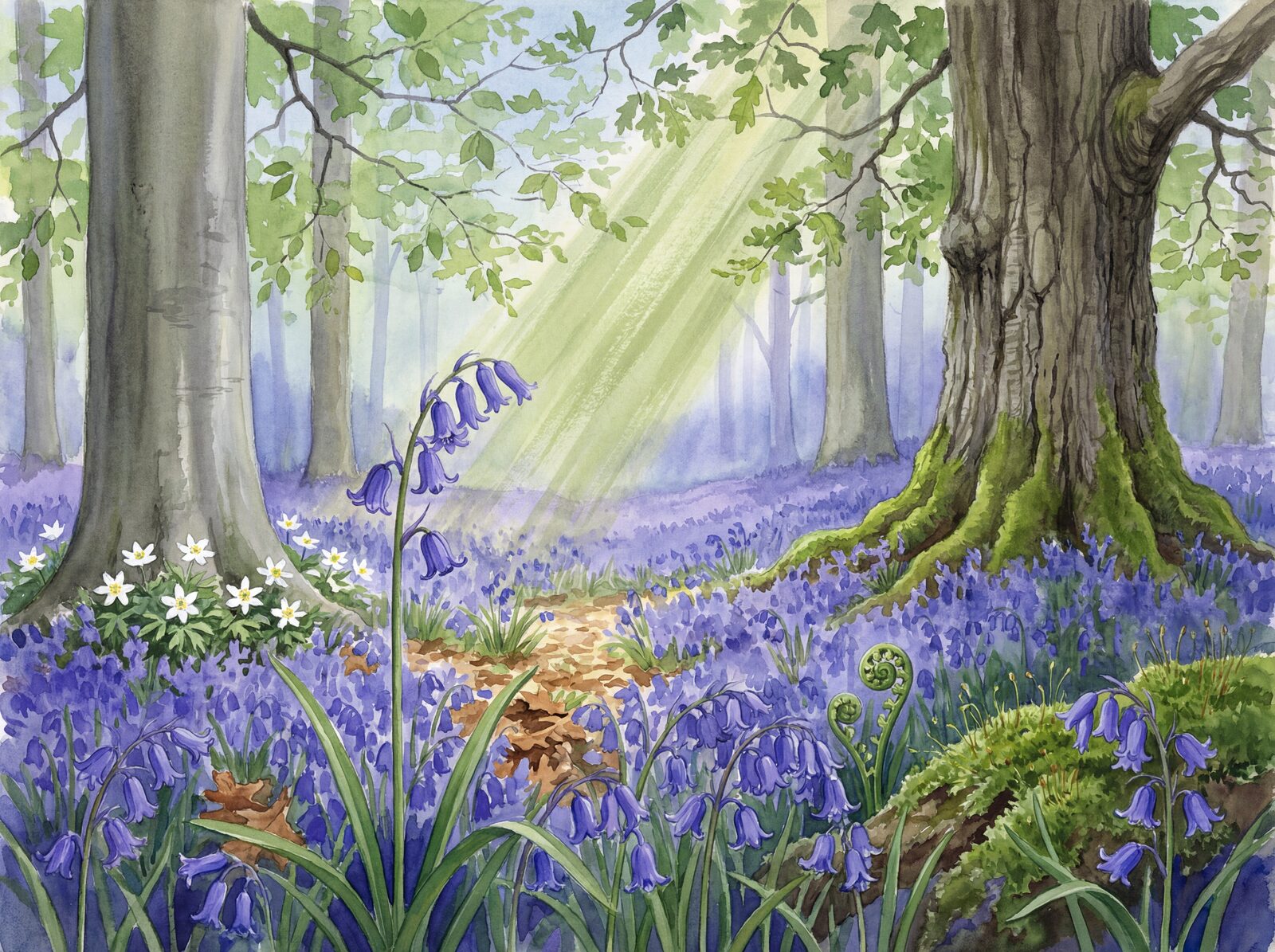 Scenic mural wallpaper featuring bluebells, blue, green, and silver hues. Made to order.