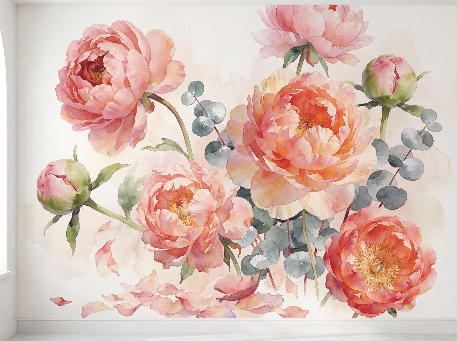 Immerse yourself in a romantic watercolour of peonies in shades of blush, rose, and coral. Made to order for your wall.