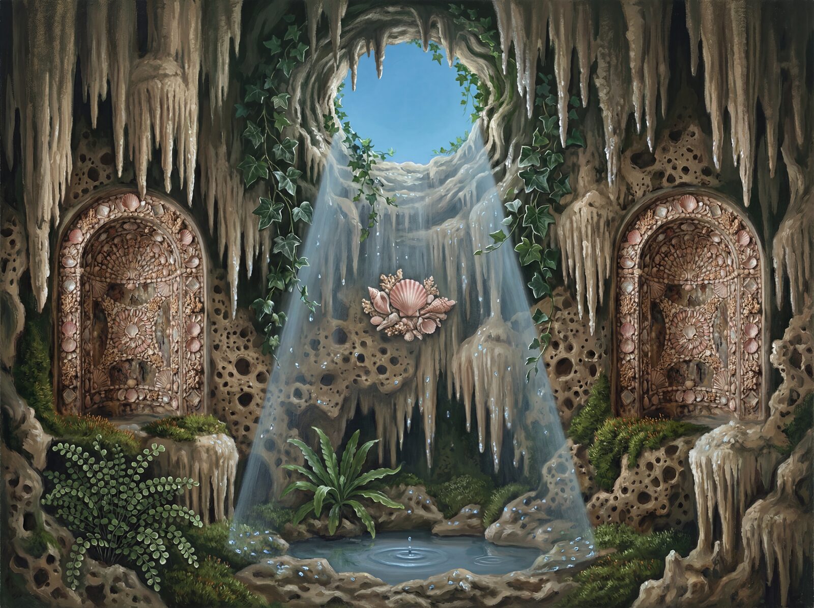 Renaissance grotto mural with Stalactite Cream, Grotto Shadow, and Moss Green. Made to order.