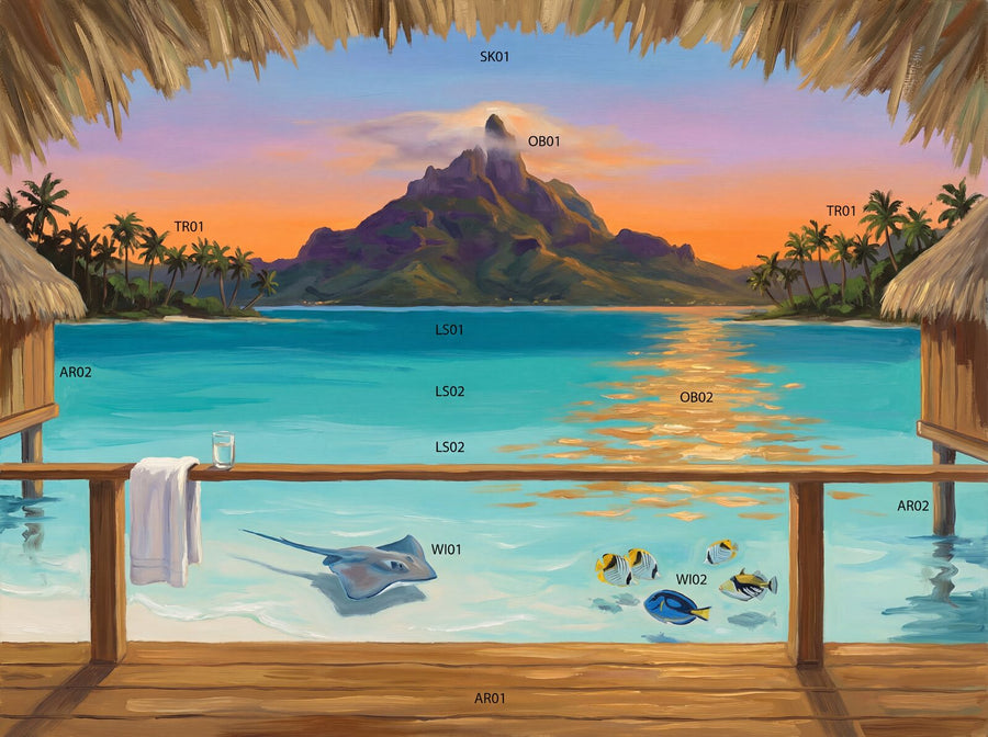 Scenic mural wallpaper in Shallow Aqua, Lagoon Turquoise, and Sunset Gold. Made to order.