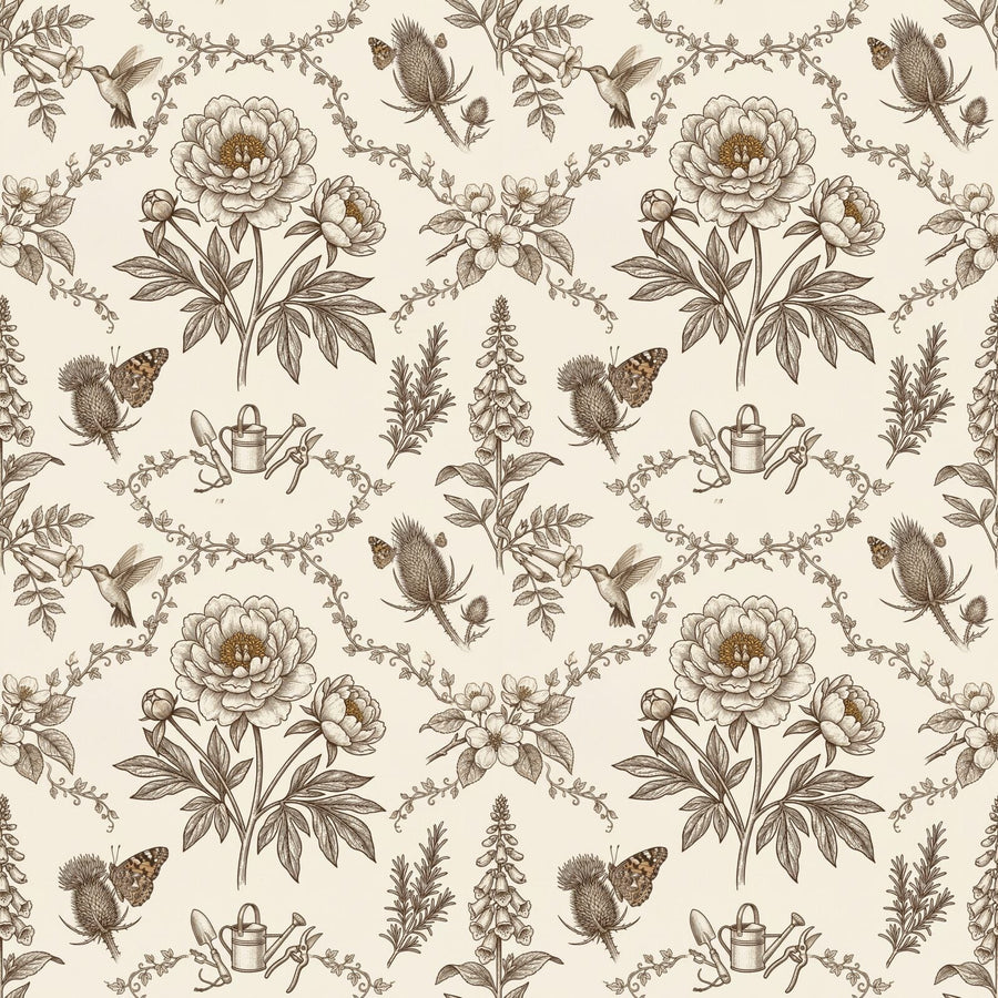 A precise botanical garden in sepia and cream. Made to order for a perfect fit, printed on premium matt non-woven paper.