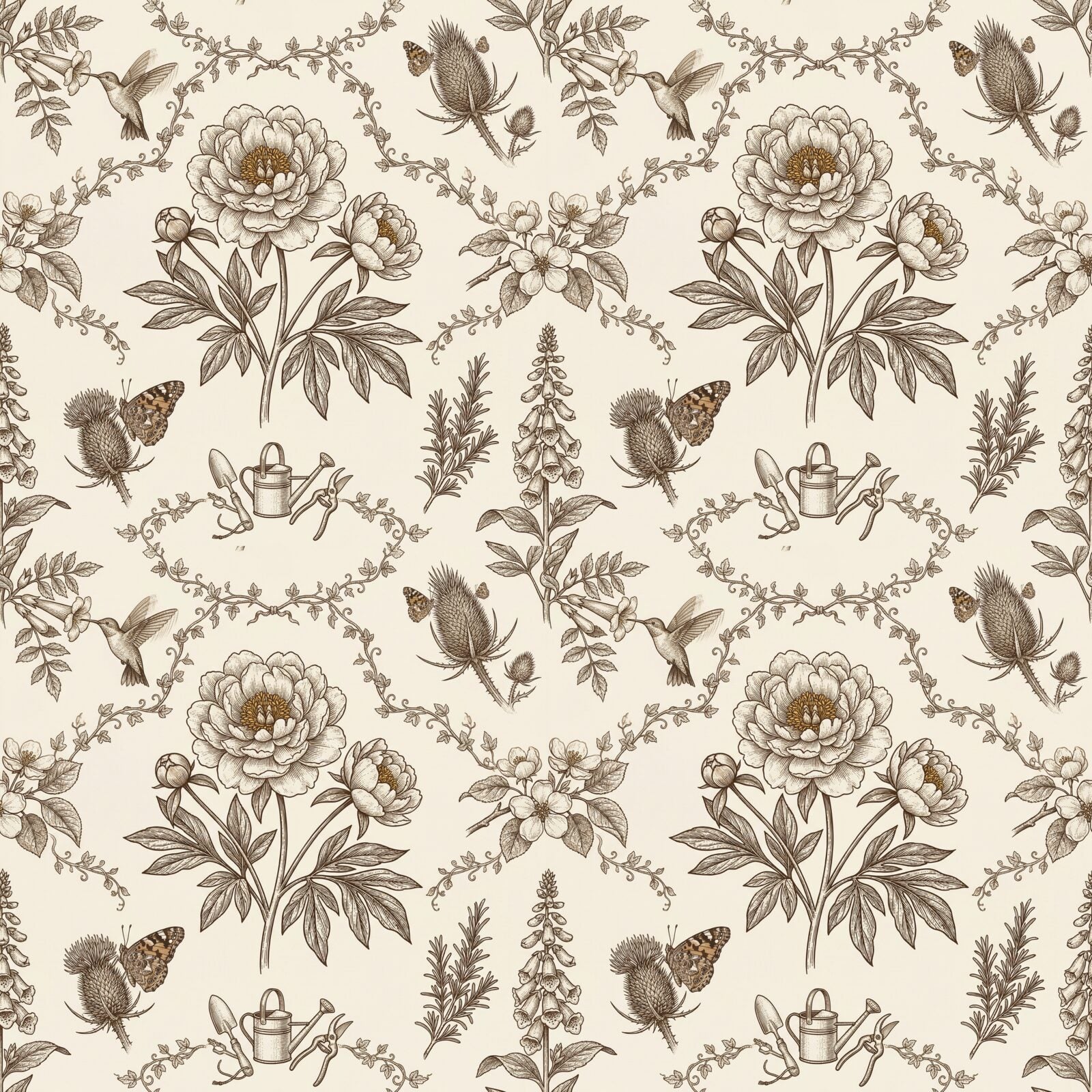 A precise botanical garden in sepia and cream. Made to order for a perfect fit, printed on premium matt non-woven paper.