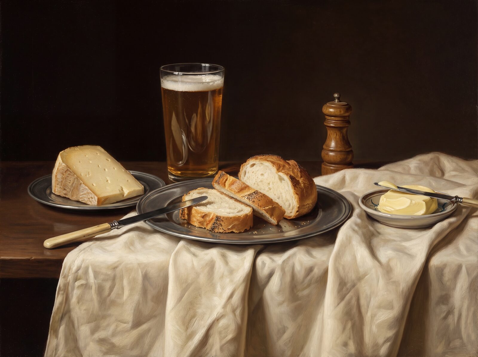 A tranquil 17th-century Dutch breakfast scene in profound darks, golds, and creams. Made to order.
