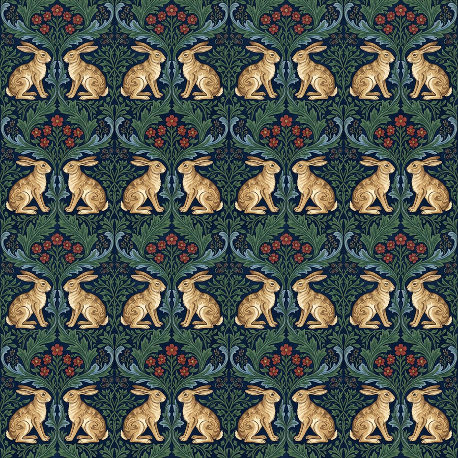 A tranquil mural featuring watchful rabbits nestled in acanthus foliage, in indigo, buff, and green. Made to order.