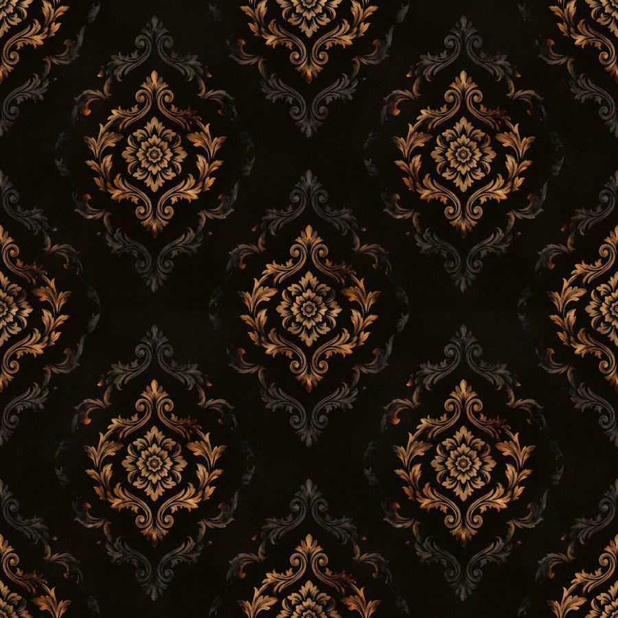 Witness the dramatic beauty of a classical damask transformed by fire. Featuring scorched ambers, singed bronzes, and carbon black. Made to order.